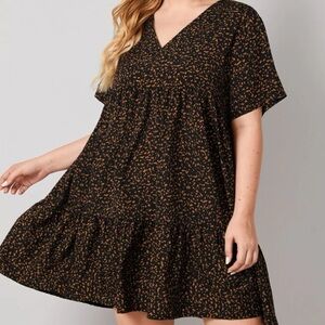 Plus Size Leopard Print Ruffle Hem Smock Dress